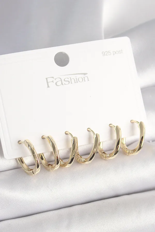 925 Ayar Gümüş Çivi Pirinç Gold Renk Oval Halka Model Kadın Küpe Seti