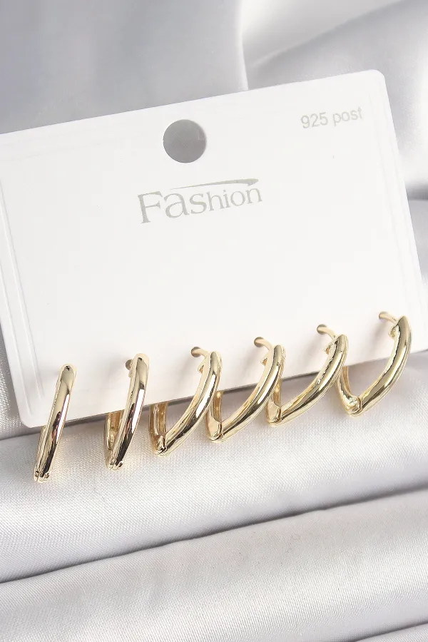 925 Ayar Gümüş Çivi Pirinç Gold Renk Üçgen Model Kadın Küpe Seti