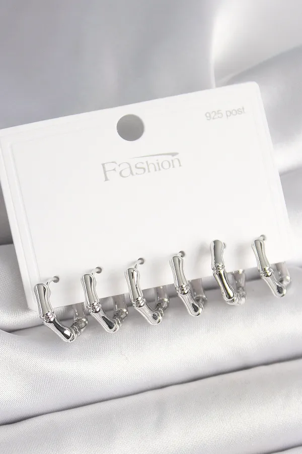 925 Ayar Gümüş Çivi Pirinç Gümüş Renk Bambu Halka Model Kadın Küpe Seti