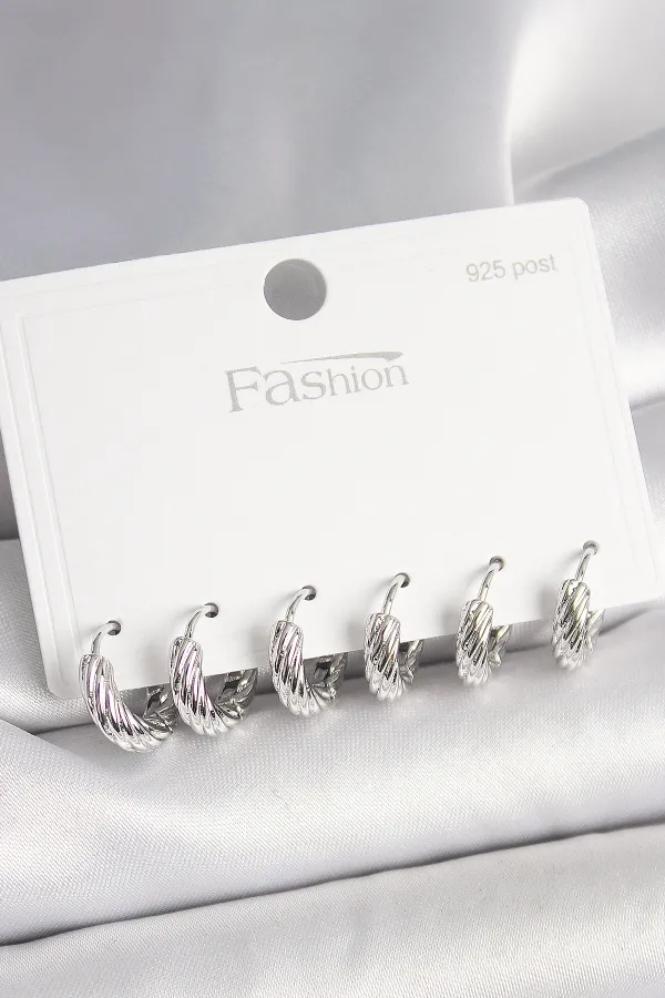 925 Ayar Gümüş Çivi Pirinç Gümüş Renk İşlemeli Halka Model Kadın Küpe Seti