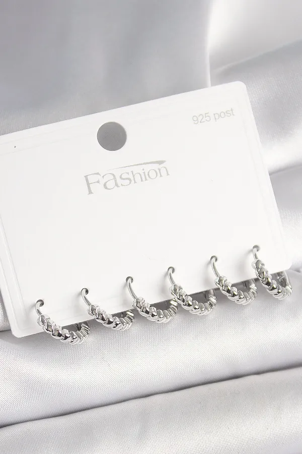 925 Ayar Gümüş Çivi Pirinç Gümüş Renk Kalp İşlemeli Halka Model Kadın Küpe Seti