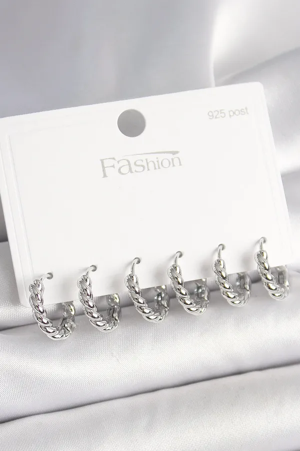 925 Ayar Gümüş Çivi Pirinç Gümüş Renk Sarmal Halka Model Kadın Küpe Seti