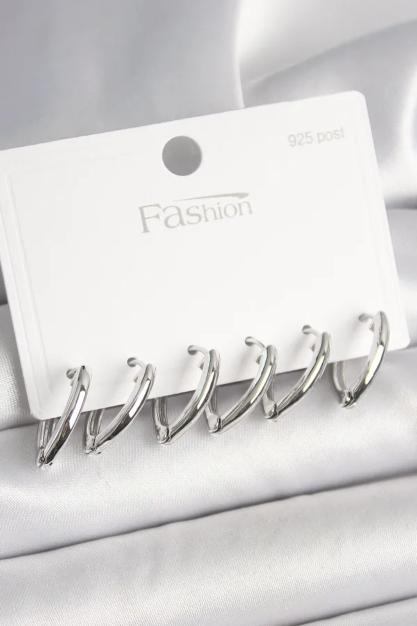 925 Ayar Gümüş Çivi Pirinç Gümüş Renk Üçgen Model Kadın Küpe Seti