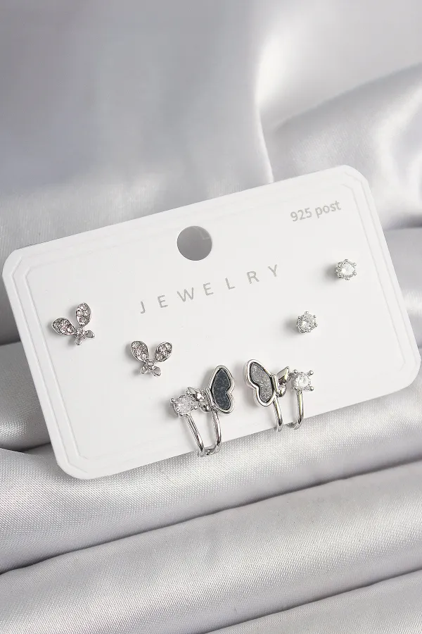 925 Ayar Gümüş Çivi Pirinç Gümüş Renk Zirkon Taşlı Kelebek Model Kadın Küpe Seti