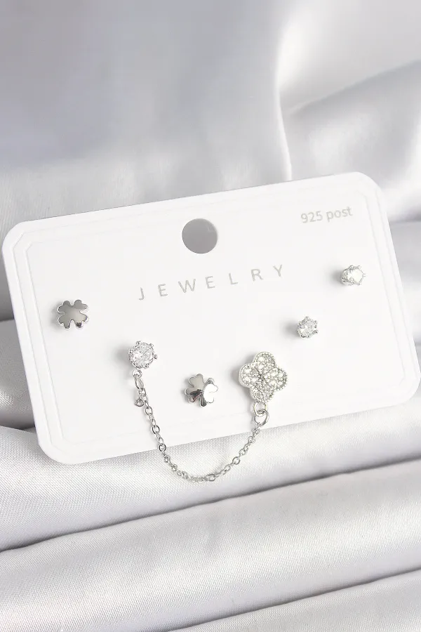 925 Ayar Gümüş Çivi Pirinç Gümüş Renk Zirkon Taşlı Yonca Model Sallantı Zincir Detay Kadın Küpe Seti