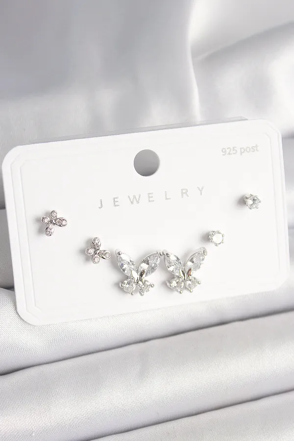 925 Ayar Gümüş Çivi Pirinç Zirkon Taşlı Kelebek Model Kadın Küpe Seti
