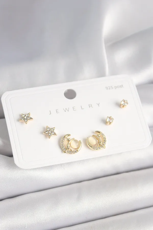 925 Ayar Gümüş Çivi Zirkon Taşlı Hilal Yıldız Model Kadın Küpe Seti
