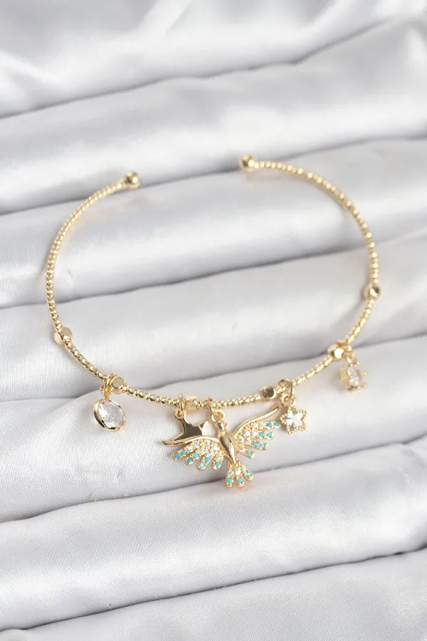 Anka Kuşu Charmlı Gold Renk Pirinç Kadın Bileklik