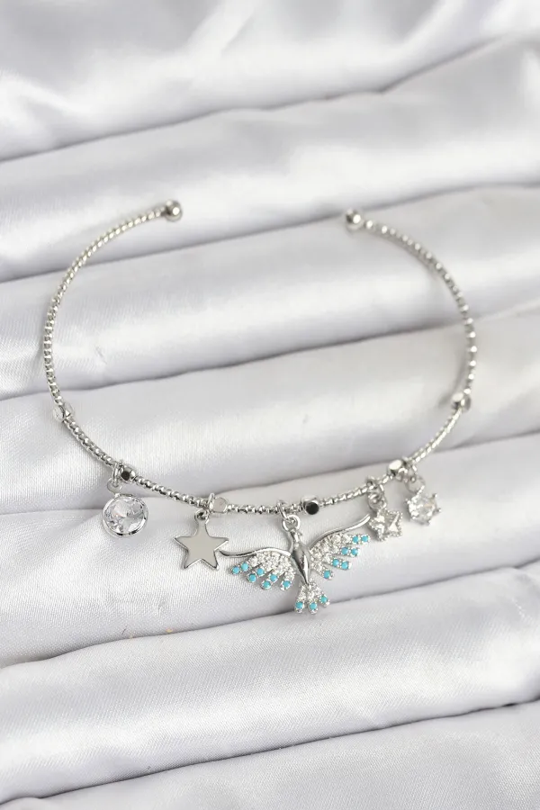 Anka Kuşu Charmlı Gümüş Renk Pirinç Kadın Bileklik