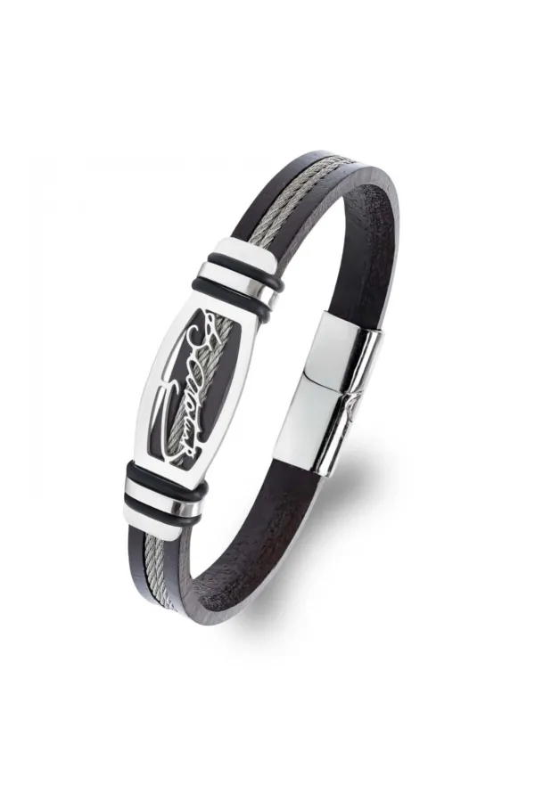 Atatürk İmzalı Çelik Halatlı Erkek Deri Bileklik