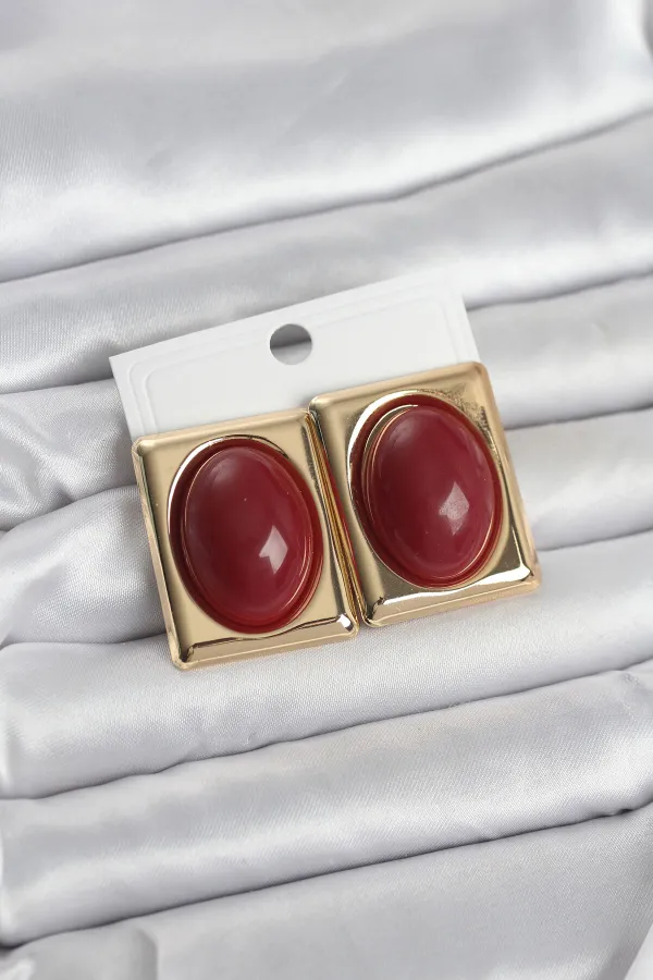 Bordo Kare Model Vintage Gold Renk Kadın Küpe