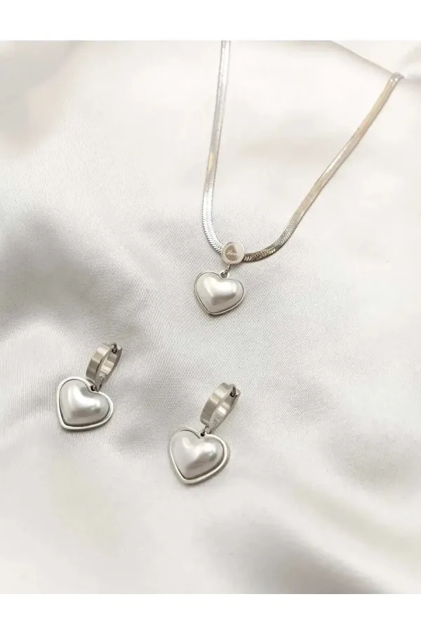 Çelik Venedik Kalp Kolye Küpe Silver Set | 316l Çelik - Kararmaz | Hediye Kadın