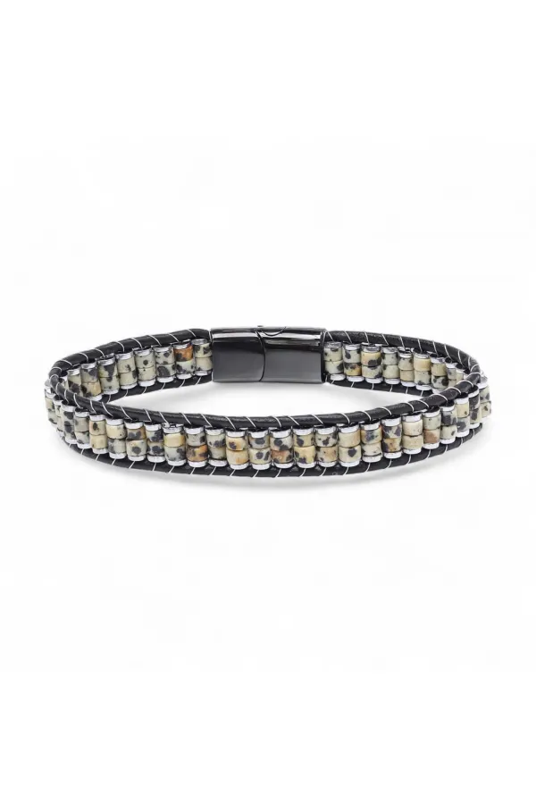 Dalmaçya Jasper Hematit Çelik Örgülü Deri Bileklik