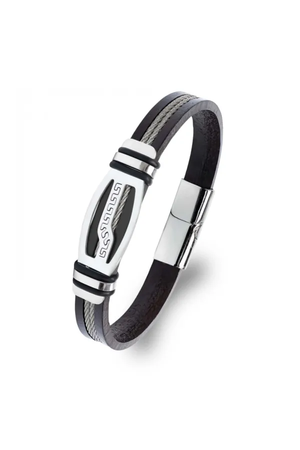 Deri Kordonlu Çelik Halat Erkek Bileklik