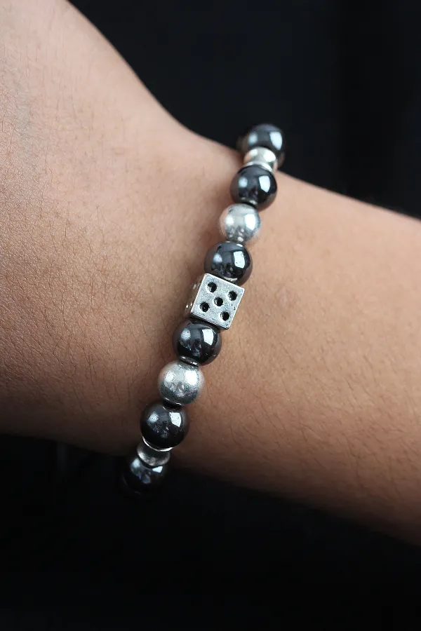 Doğal Taş Zar Model Gümüş Ve Füme Renk Asansörlü Erkek Bileklik