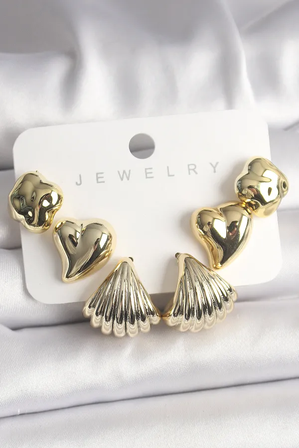 Gold Renk Yonca Kalp Deniz Kabuğu Figür CCB Kadın Küpe Seti