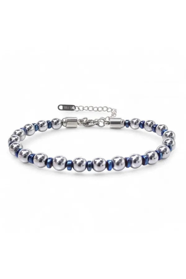 Gümüş Ve Mavi Renkli Hematit Ayaranabilir Çelik Zincir Bileklik