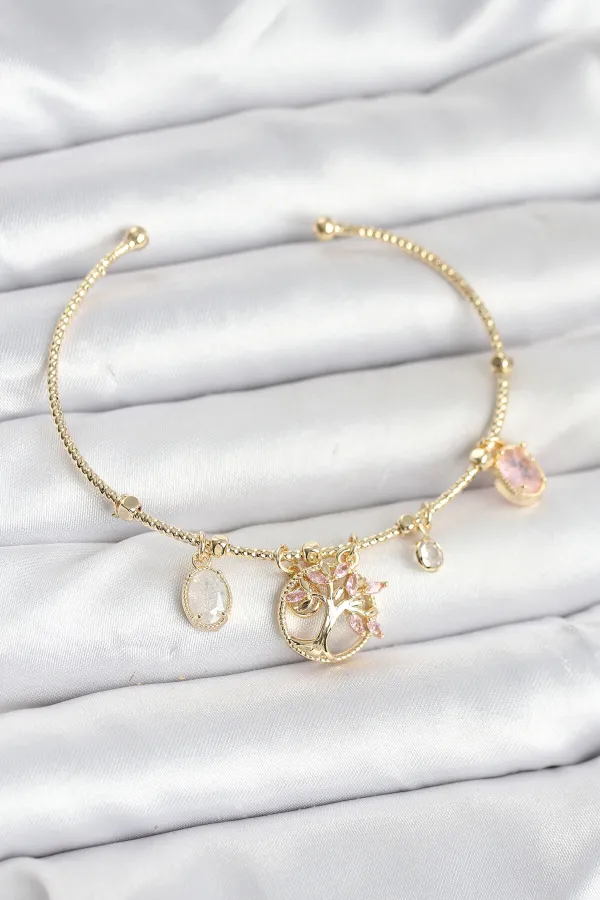 Hayat Ağacı Charmlı Gold Renk Pirinç Kadın Bileklik