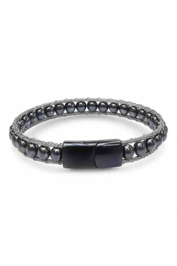 Hematit Doğaltaş Ve Çelik Halat Örme Bileklik