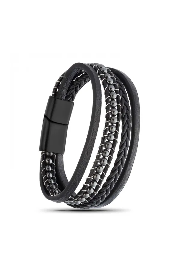 Hematit Doğaltaş Ve Deri Çoklu Bileklik