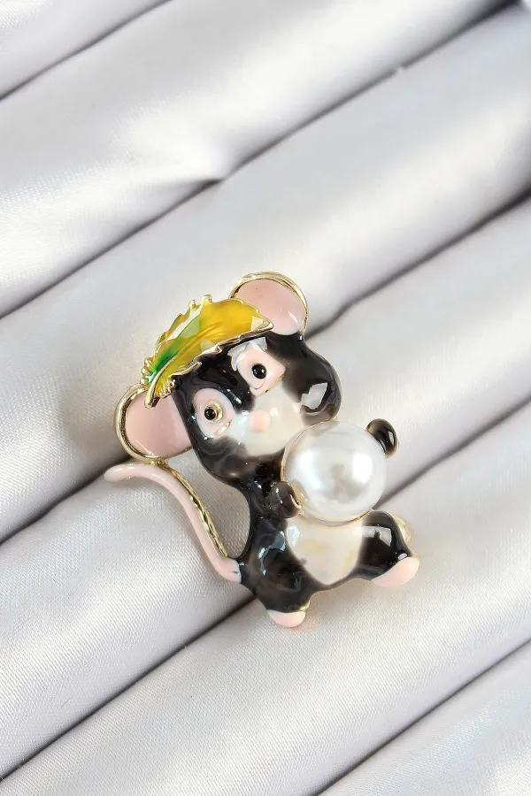 İnci Detaylı Siyah Ve Pembe 3D Sevimli Fare Figürlü Gold Renk Kadın Broş