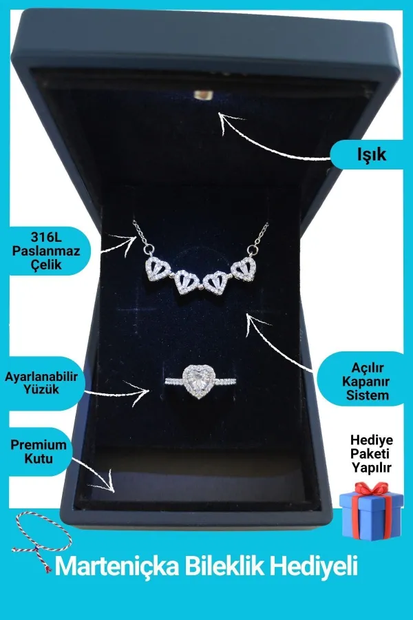 Işıklı Kutuda | 4 Kalpli Yonca Kolye Yüzük Set | Gümüş Renk | 316l Çelik - Kararmaz | Hediye Kadın
