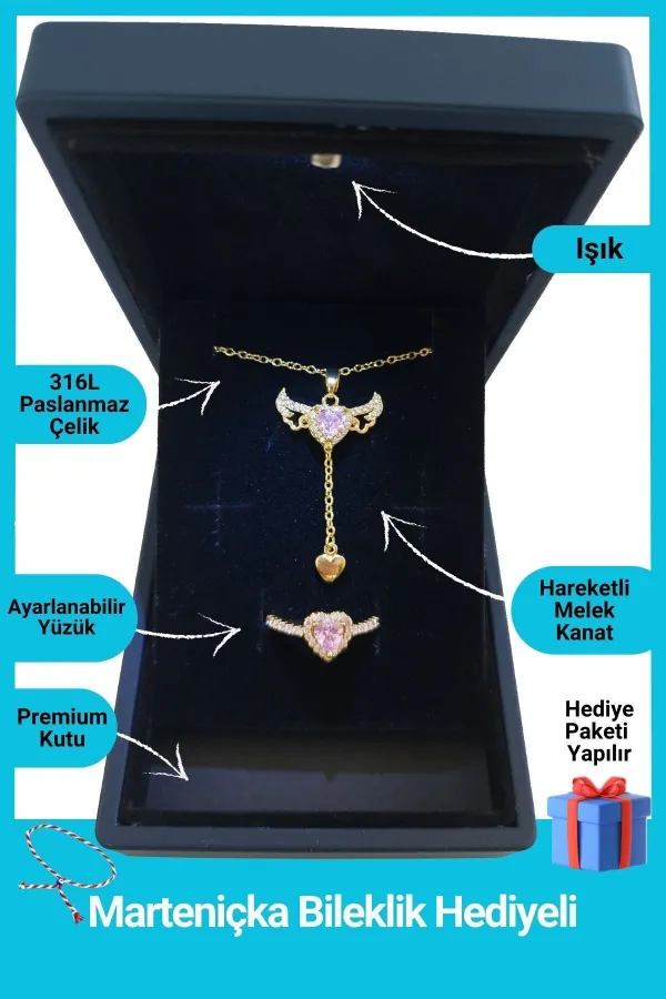 Işıklı Kutuda | Melek Kanatlı Kolye Yüzük Set | Altın Renk | 316l Çelik - Kararmaz | Hediye Kadın