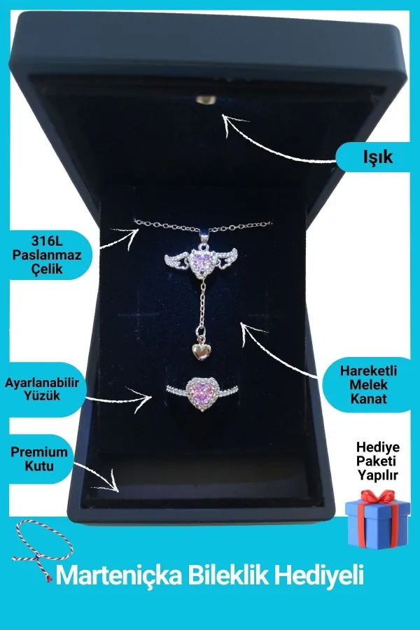 Işıklı Kutuda | Melek Kanatlı Kolye Yüzük Set | Gümüş Renk | 316l Çelik - Kararmaz | Hediye Kadın