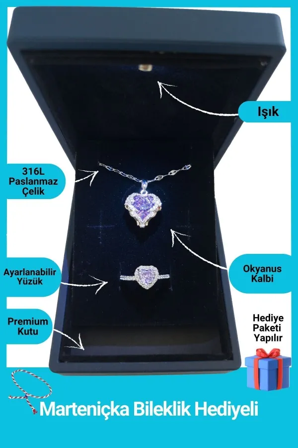 Işıklı Kutuda | Mor Okyanus Kalbi Yüzük Set | 316l Çelik - Kararmaz | Hediye Kadın