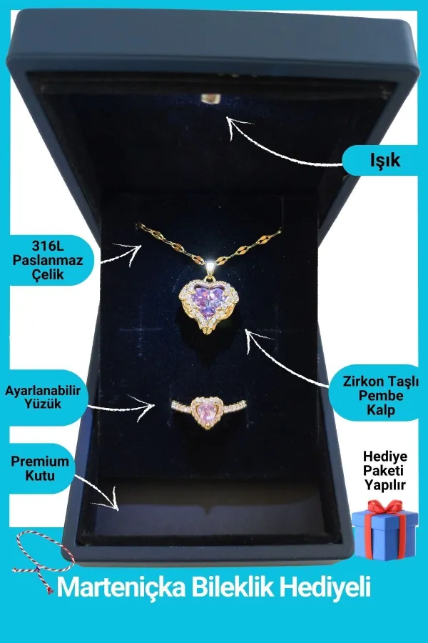 Işıklı Kutuda | Pembe Okyanus Kalbi Yüzük Set | 316l Çelik - Kararmaz | Hediye Kadın