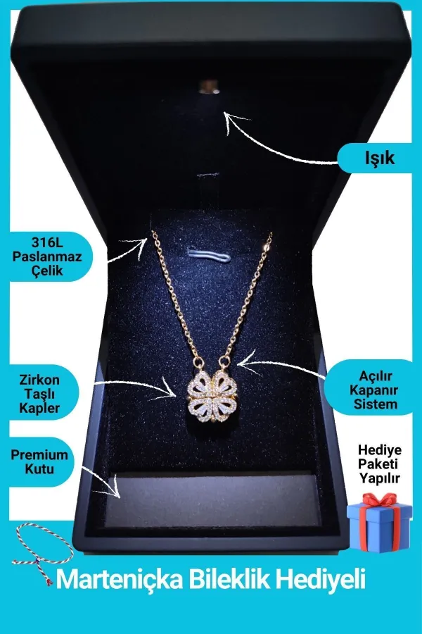 Işıklı Premium Kutuda | 4 Kalpli Yonca Kolye | Mıknatıslı | 316l Çelik - Kararmaz | Hediye Kadın