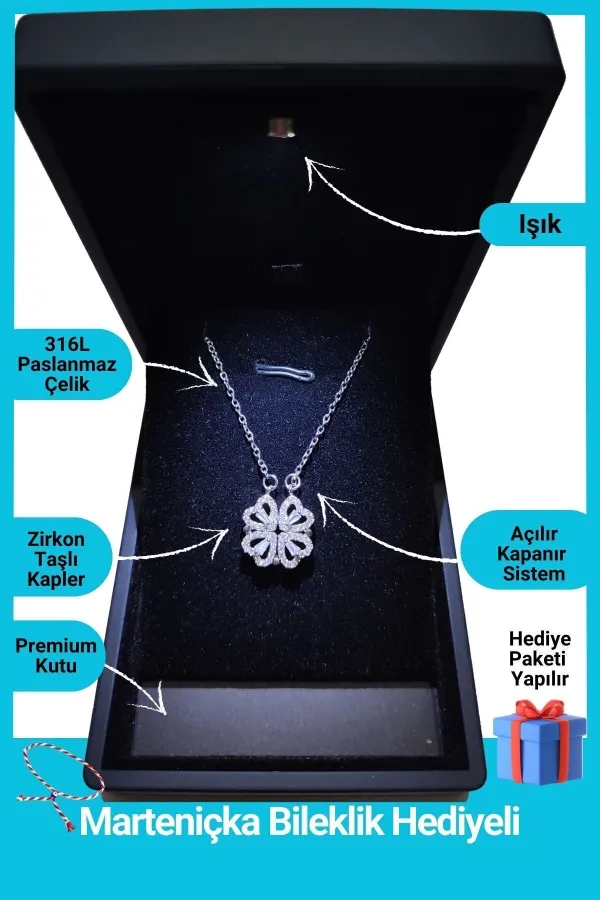 Işıklı Premium Kutuda | 4 Kalpli Yonca Kolye | Mıknatıslı | 316l Çelik - Kararmaz | Hediye Kadın