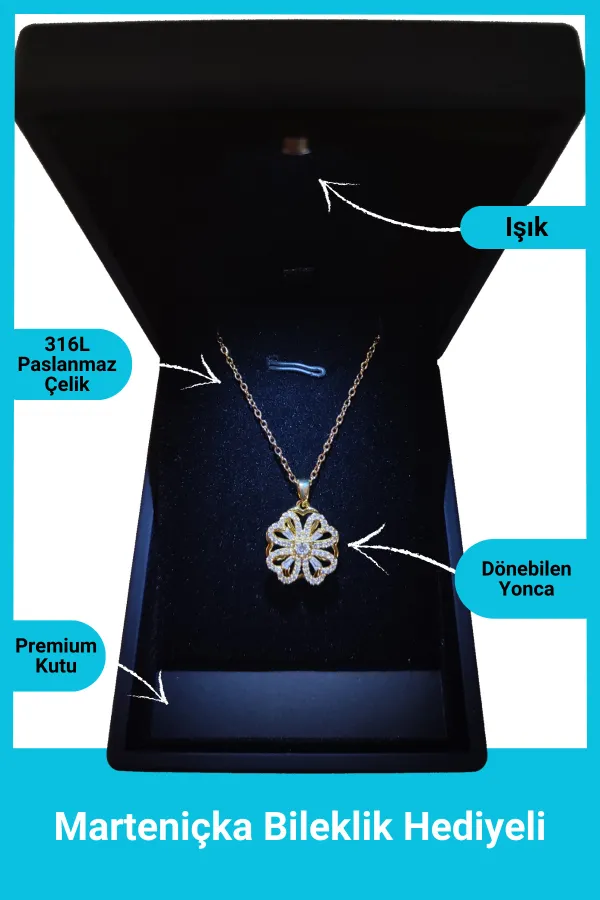Işıklı Premium Kutuda | Dönen Yonca Kolye | 316l Çelik - Kararmaz | Hediye Kadın