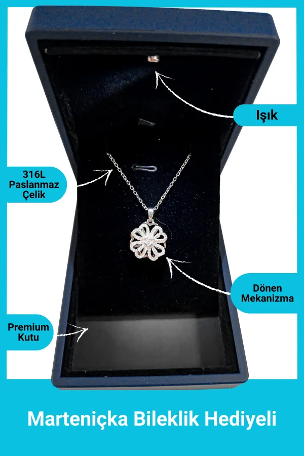 Işıklı Premium Kutuda | Dönen Yonca Kolye | Gümüş Renk | 316l Çelik - Kararmaz | Hediye Kadın