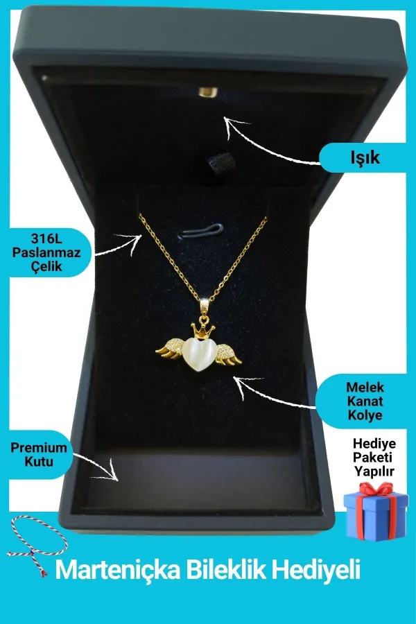 Işıklı Premium Kutuda | Kanatlı Kalp Kolye | 316l Çelik - Kararmaz | Hediye Kadın