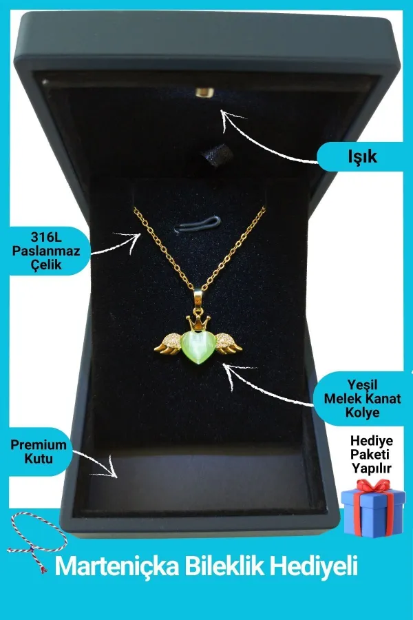 Işıklı Premium Kutuda | Kanatlı Yeşil Kalp Kolye | 316l Çelik - Kararmaz | Hediye Kadın