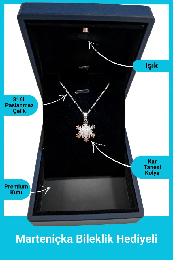 Işıklı Premium Kutuda | Kar Tanesi Kolye Gümüş | 316l Çelik - Kararmaz | Hediye Kadın