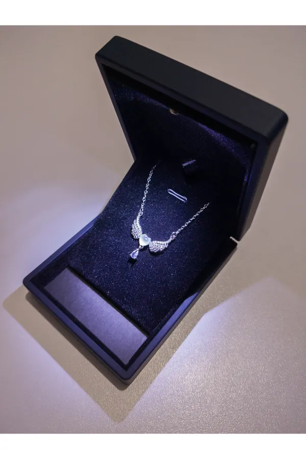 Işıklı Premium Kutuda | Melek Kanatlı Kalp Kolye | 316l Çelik - Kararmaz | Hediye Kadın