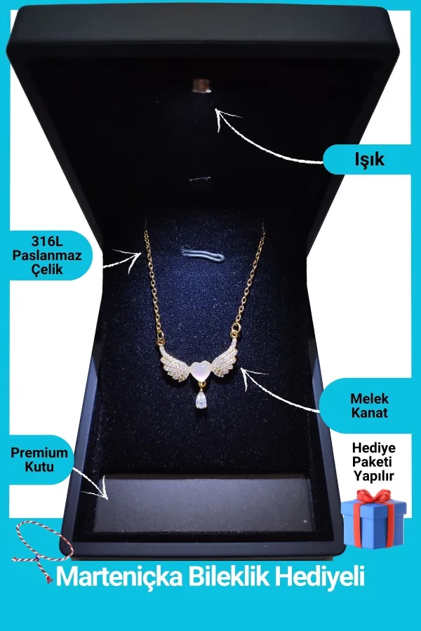 Işıklı Premium Kutuda | Melek Kanatlı Kalp Kolye | 316l Çelik - Kararmaz | Hediye Kadın