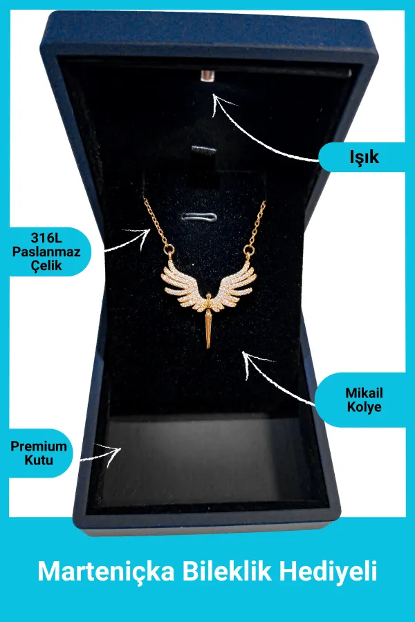 Işıklı Premium Kutuda Mikail Melek Kolye | 316l Çelik - Kararmaz | Hediye Kadın