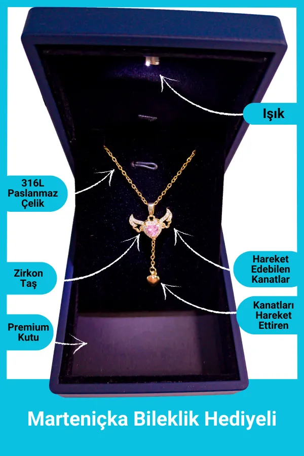 Işıklı Premium Kutuda | Pembe Taşlı Melek Kanatlı Kalp Kolye | 316l Çelik - Kararmaz | Hediye Kadın