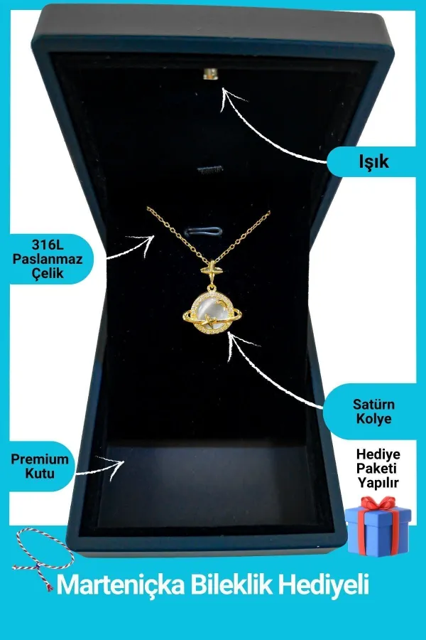 Işıklı Premium Kutuda Satürn Star Kolye Gold | 316l Çelik - Kararmaz | Hediye Kadın