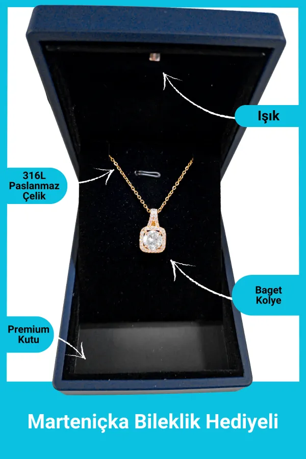 Işıklı Premium Kutuda Zirkon Taşlı Baget Kolye Gold | 316l Çelik - Kararmaz | Hediye Kadın