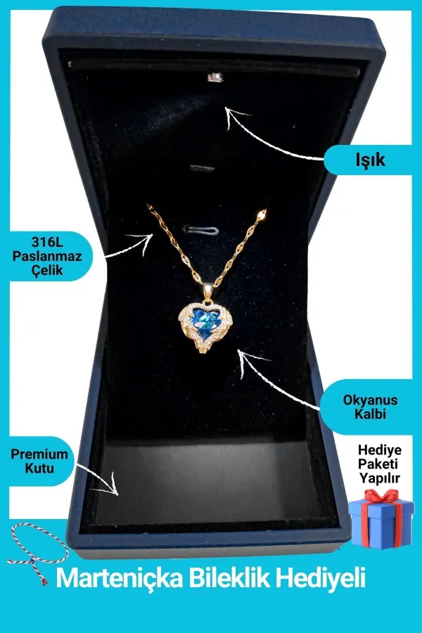 Işıklı Premium Kutuda | Zirkon Taşlı Kalp Kolye | 316l Çelik - Kararmaz | Hediye Kadın | Mavi Renk
