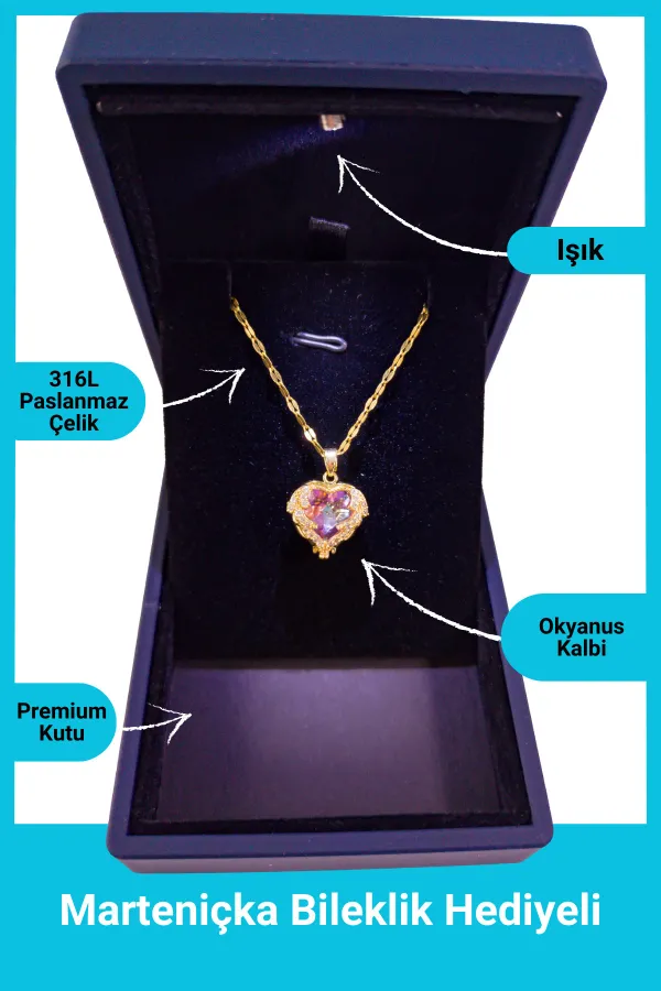Işıklı Premium Kutuda | Zirkon Taşlı Kalp Kolye Pembe Renk | 316l Çelik - Kararmaz | Hediye Kadın