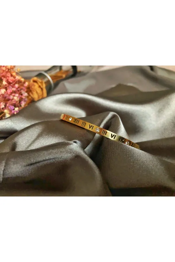 Kadın Çelik Roma Rakamlı Kararmaz Kelepçe Bileklik Gold | 316l Çelik - Kararmaz | Hediye Kadın