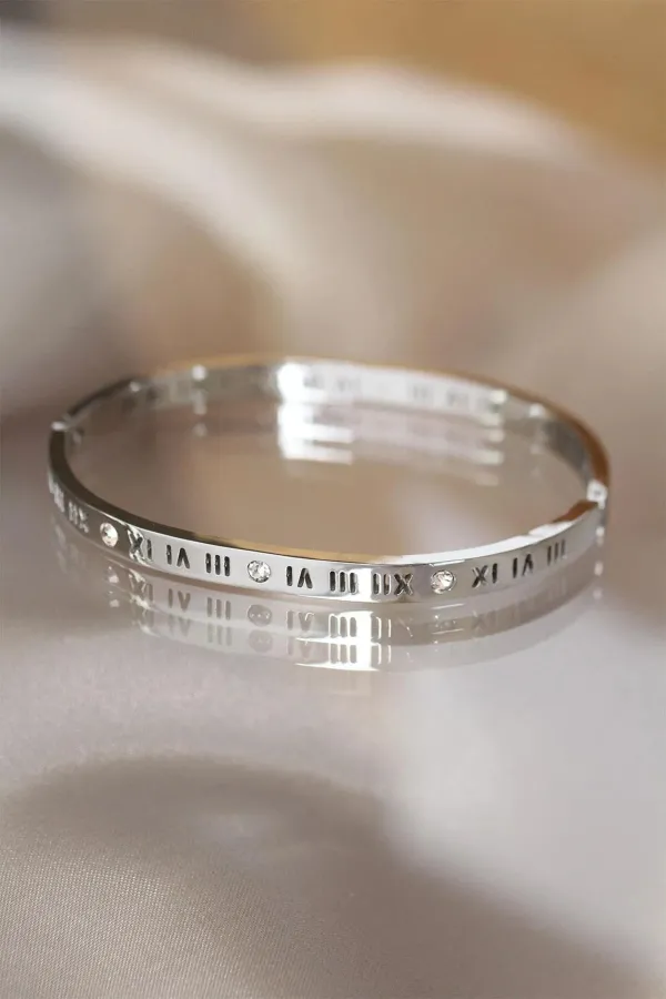 Kadın Çelik Roma Rakamlı Kararmaz Kelepçe Bileklik | Silver | 316l Çelik - Kararmaz | Hediye Kadın
