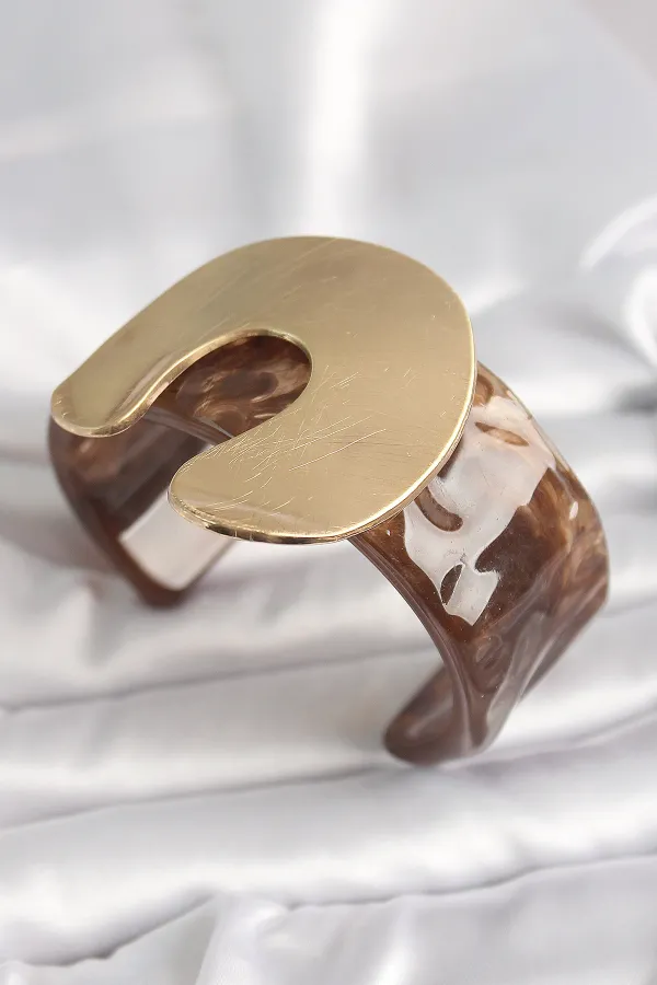 Kahverengi Mermer Desen Akrilik Plastik Gold Nal Model Plaka Vintage Kadın Bilezik