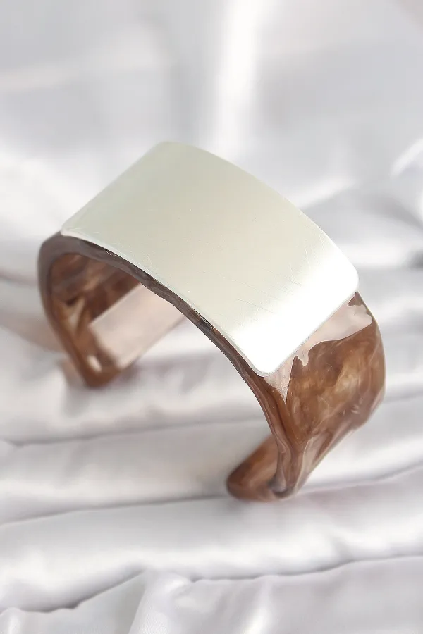 Kahverengi Mermer Desen Akrilik Plastik Gümüş Dikdörtgen Plaka Vintage Kadın Bilezik