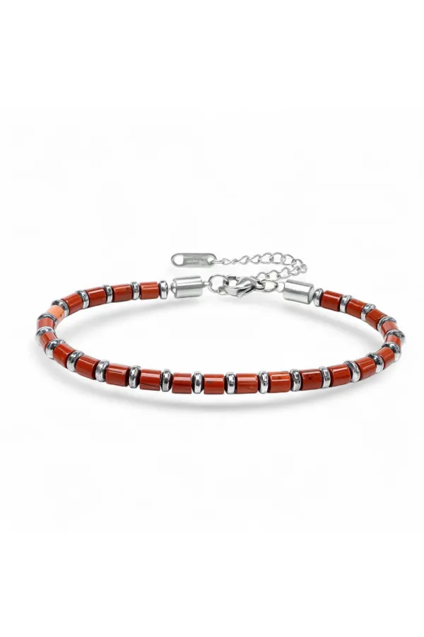 Kırmızı Jasper Silver Hematit Taşlı Ayarlanabilir Çelik Zincir Erkek Bileklik | Yeni Yıl Hediyesi
